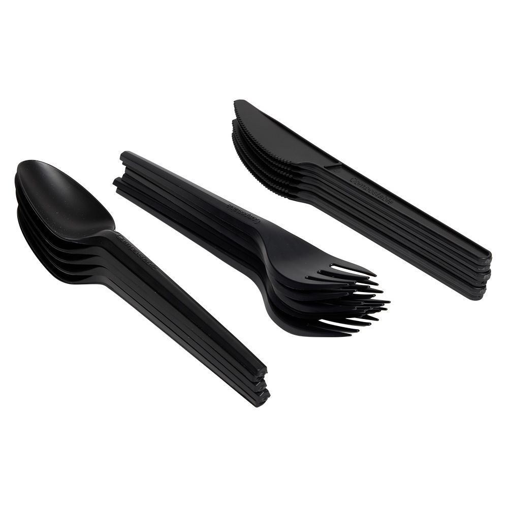 Ménagère réutilisable noir 18 couverts à base d'amidon de maïs