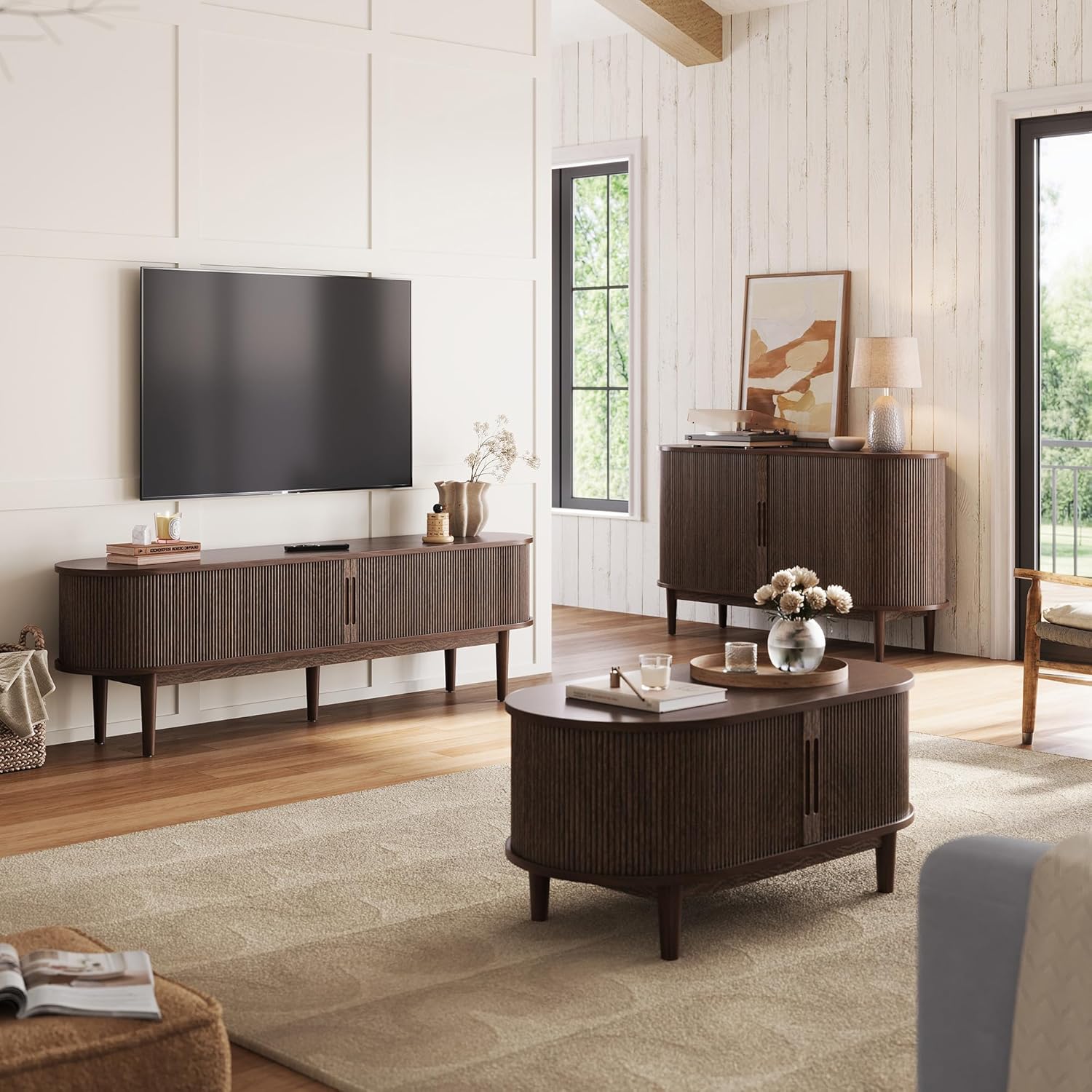 LINSY HOME Fluted TV Stand for 75 TV, Mid-Century Modern 70 Entertainment Center with Sliding Tambour Door and Storage Cabinet, Cruved TV Media Console Table for Living Room, Bedroom, Walnut