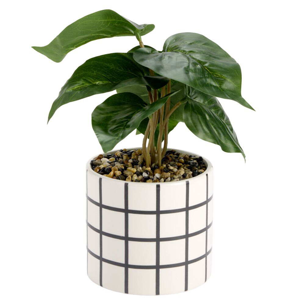 Plante verte artificielle dans pot dolomite blanc à motif noir Ø12xH24cm (2 modèles)