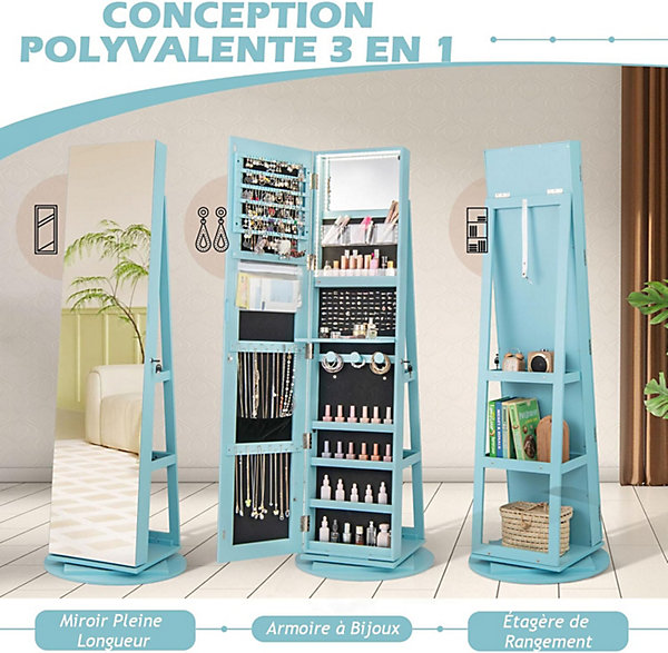 Armoire à Bijoux Avec Miroir Pleine Longueur,Avec Lumière LED 3 Couleurs,Miroir de Maquillage,étagère de Rangement à 2 Niveaux