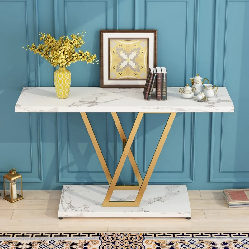 V Metal Leg Gold/White 42 Inch Entryway Tables Console Table