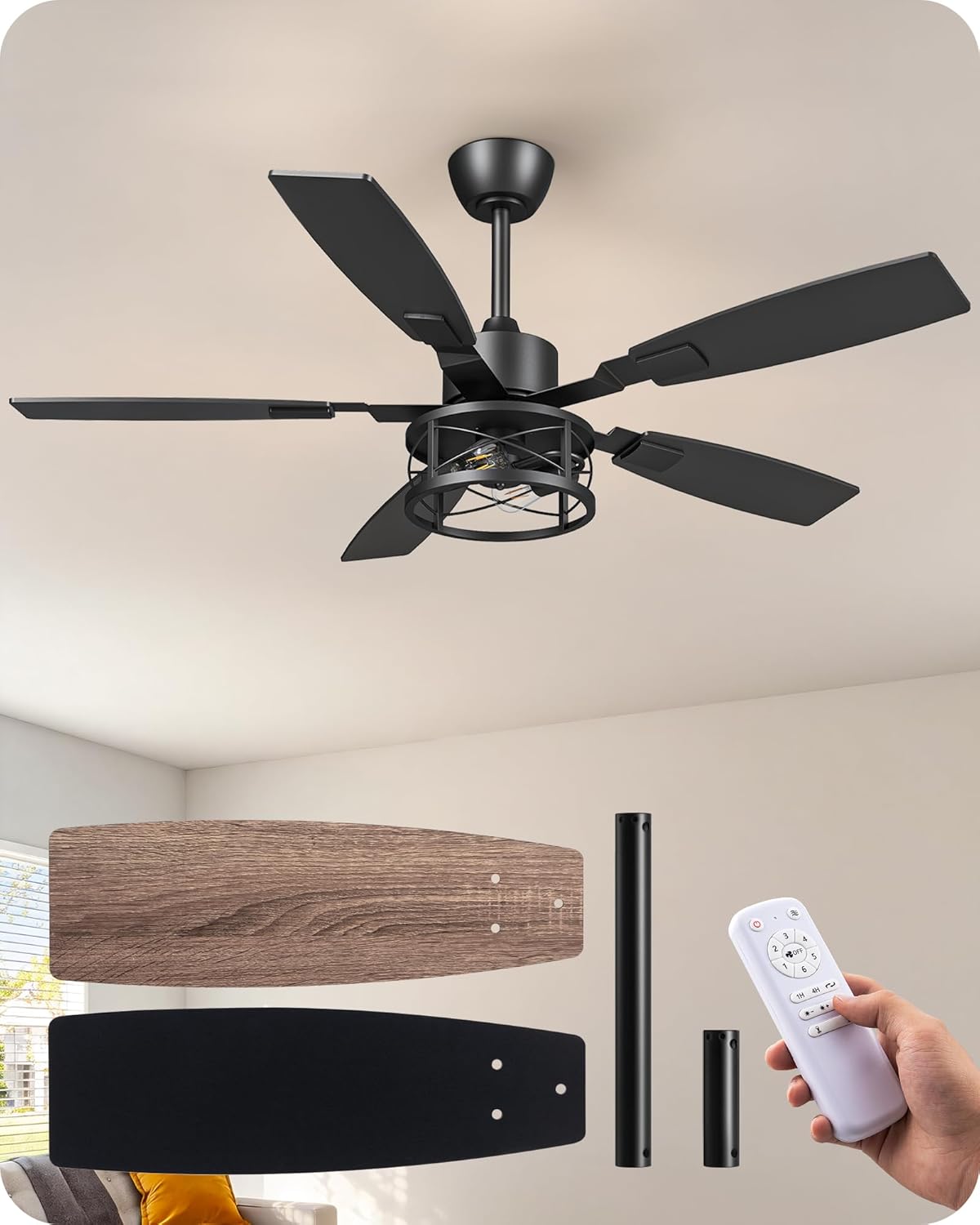 EDISHINE 52 Farmhouse Ceiling Fans with Lights and Remote, 10%-100% Dimmable, 6 Speeds, 5 Wood Blades, Reversible DC Motor, Timer, Quiet, Rustic Caged Fandelier Ceiling Fan for Bedroom Living Room