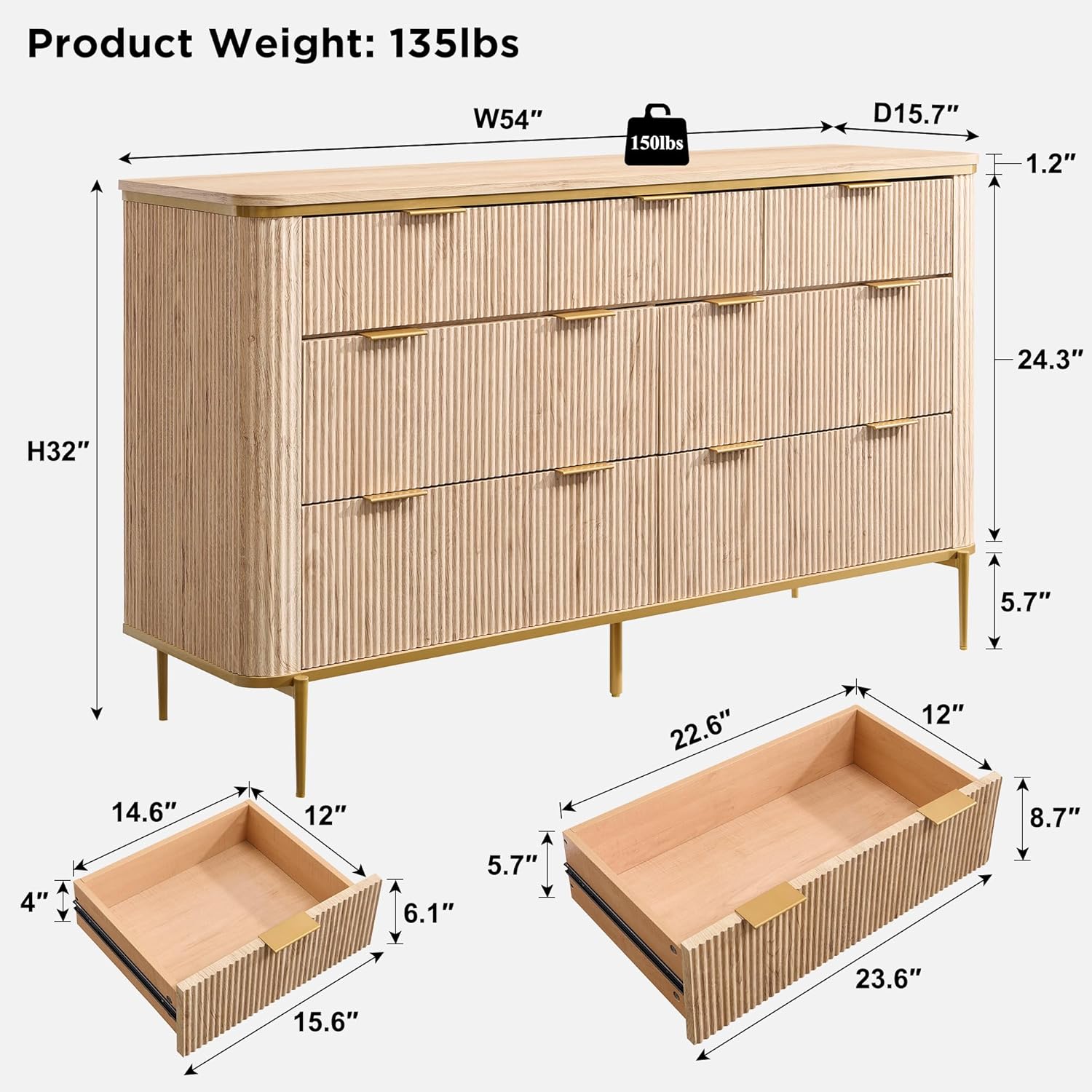 T4TREAM Fluted 7 Drawers Dresser for Bedroom, 54 Wide Modern Dresser TV Stand, Gold Accents, Fluted Fronts, Wood Storage Dressers Organizer for Bedroom, Living Room, Natural Oak