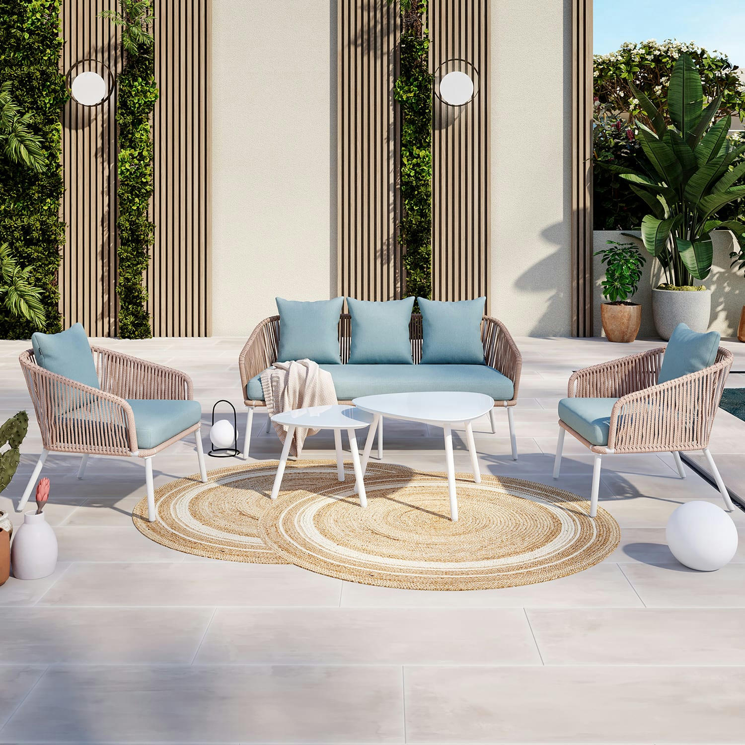 RHODES - Salon de jardin en cordes et aluminium 5 places