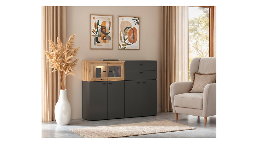 Witryna System64 128 cm z 2 szufladami i 6 drzwiami grafit/dąb coast evoke