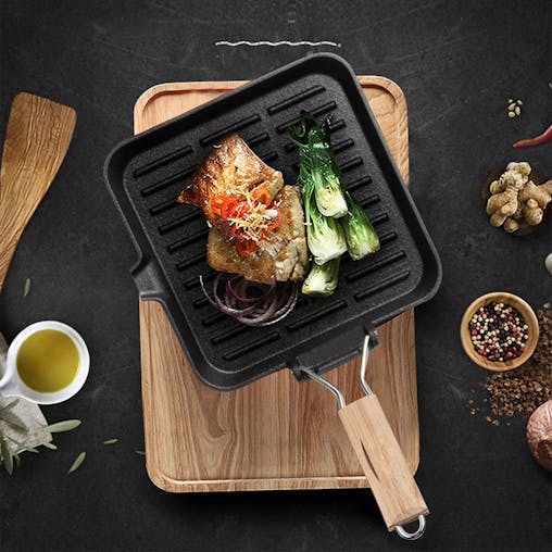 SOGA Cast Iron Ribbed Square Steak Grill Pan Wooden Handle 24cm