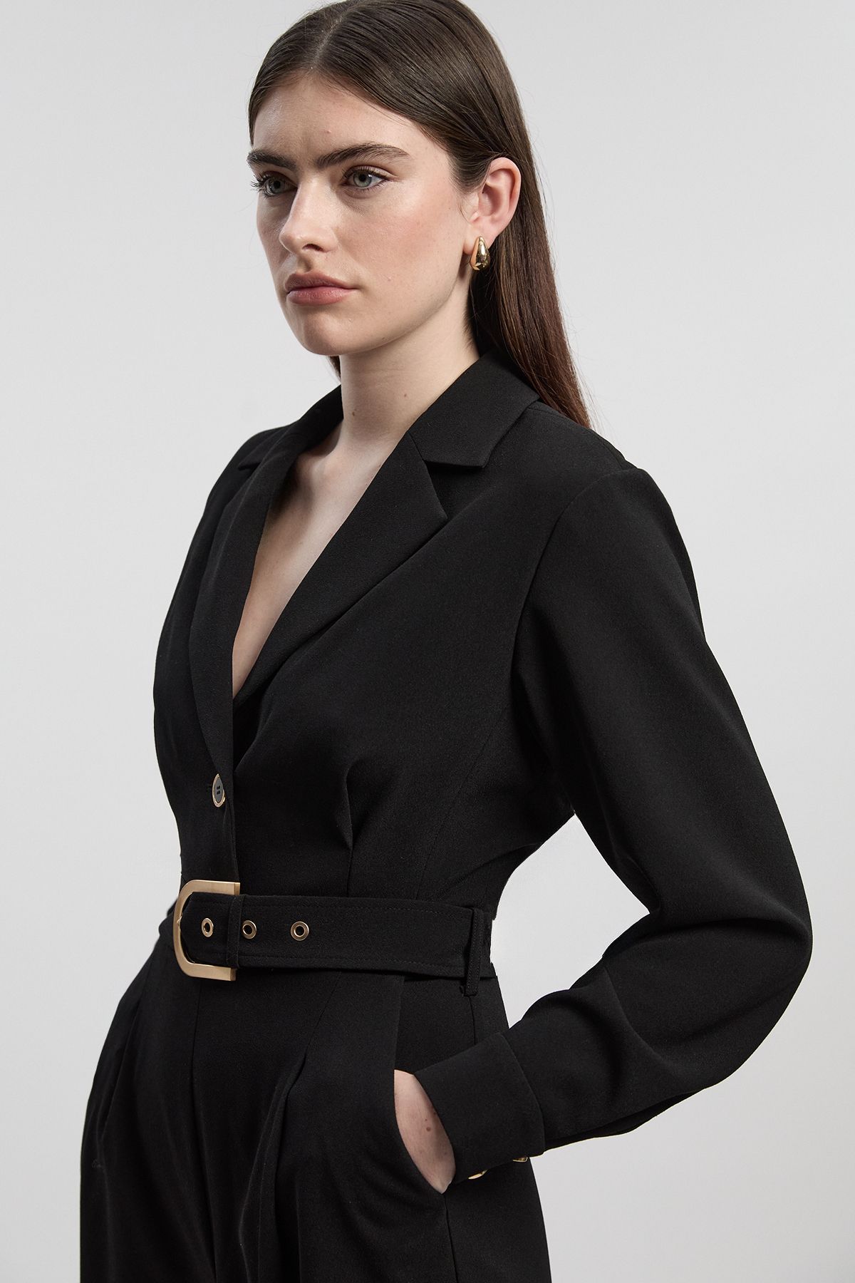 KarenMillen Tailored Crepe Belted Wide Leg Jumpsuit