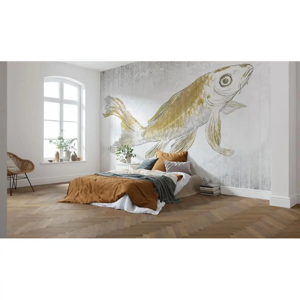 Sanders & Sanders fotobehang koi karper vis geel en grijs - 400 x 280 cm