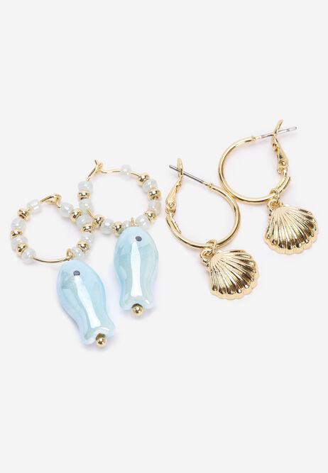 Womens 2pk Gold Sea Shell Hoop Earrings
