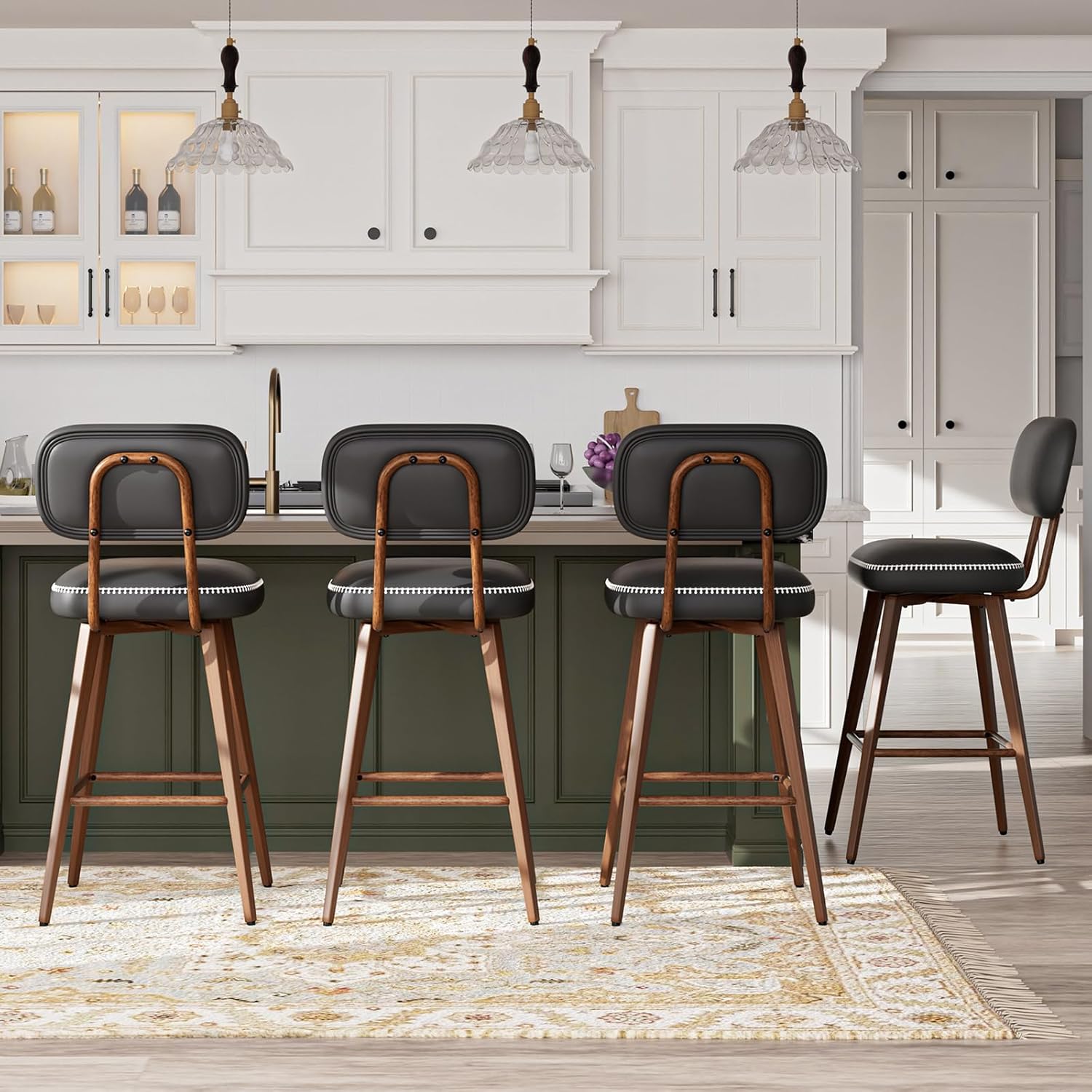 26“ Swivel Bar Stools Set of 4, Mid Century PU Leather Counter Height Bar Chairs with Low Back and Metal Legs, Modern Bar Stool Chair for Kitchen Island, Black