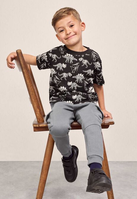 Younger Boys Black Cotton Dinosaur Print T-Shirt