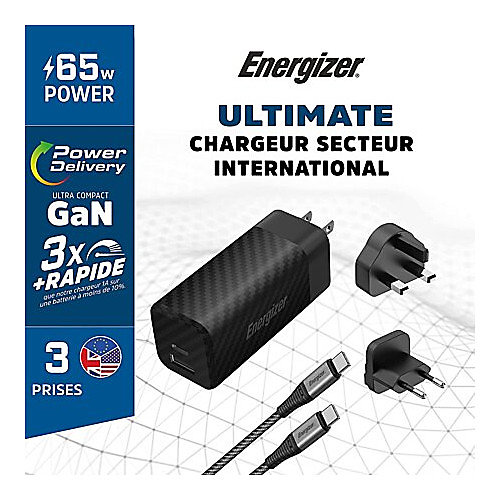 Chargeur mural international ENERGIZER 65W câble USB-C 1m