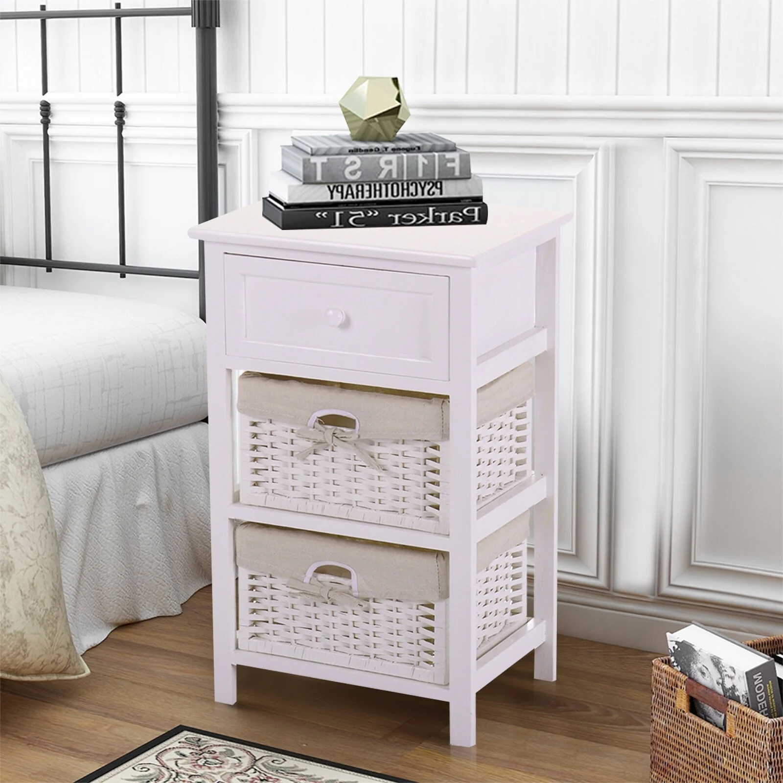 Wooden Nightstand With One Drawer Nightstand with Two Removable Baskets,White