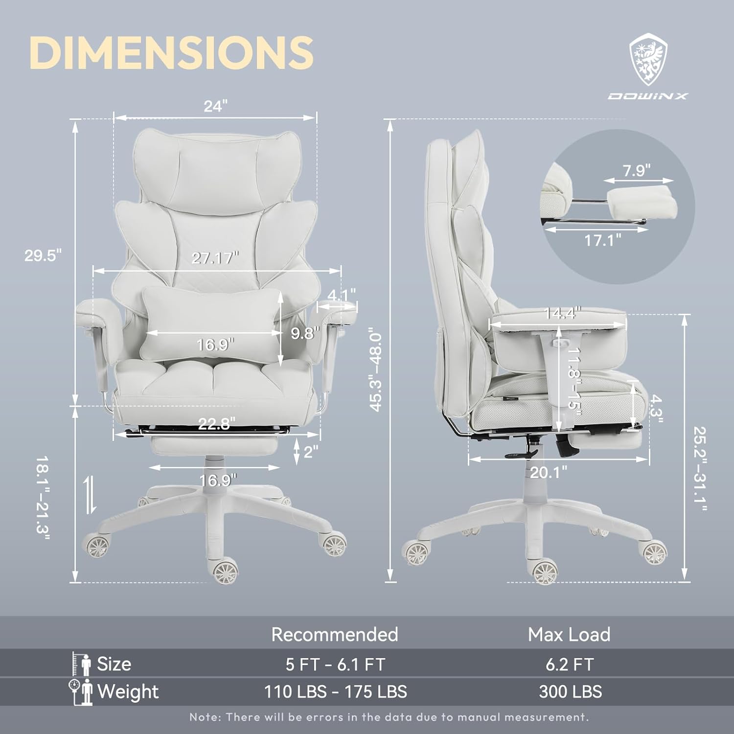 Dowinx Big and Tall Office Chair with Pocket Spring Cushion,High Back Computer Gaming Chairs with Adjustable Armrests and Lumbar Support,Executive Desk Chairs with Footrest(PU,White)