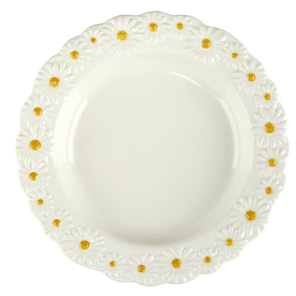 Assiette ronde en dolomite blanche bord relief marguerite Ø20cm