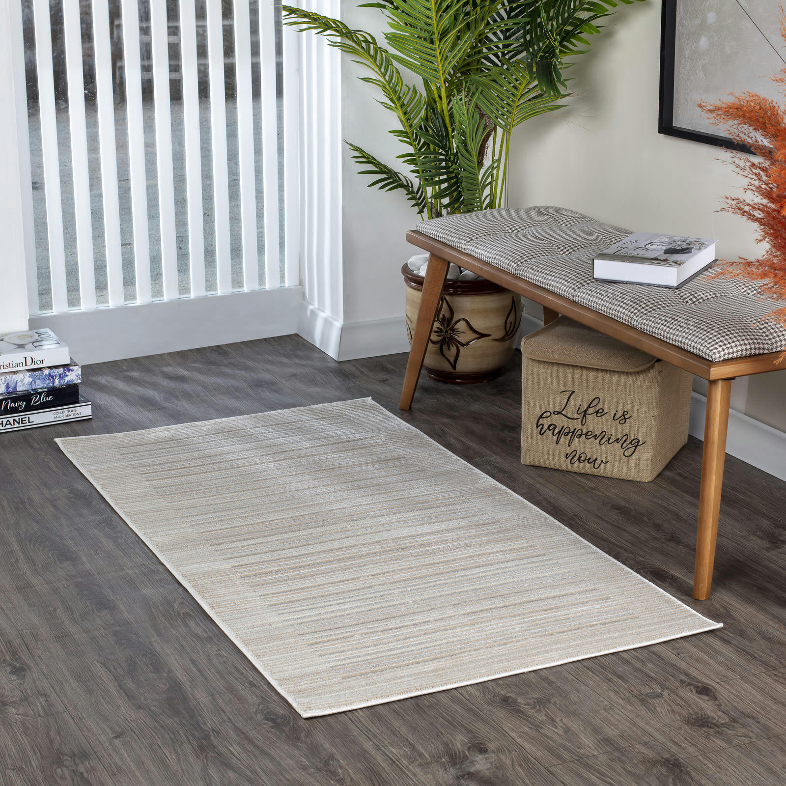 KAYSA - Tapis de Couloir Scandinave Rayé Beige/Blanc 80x150