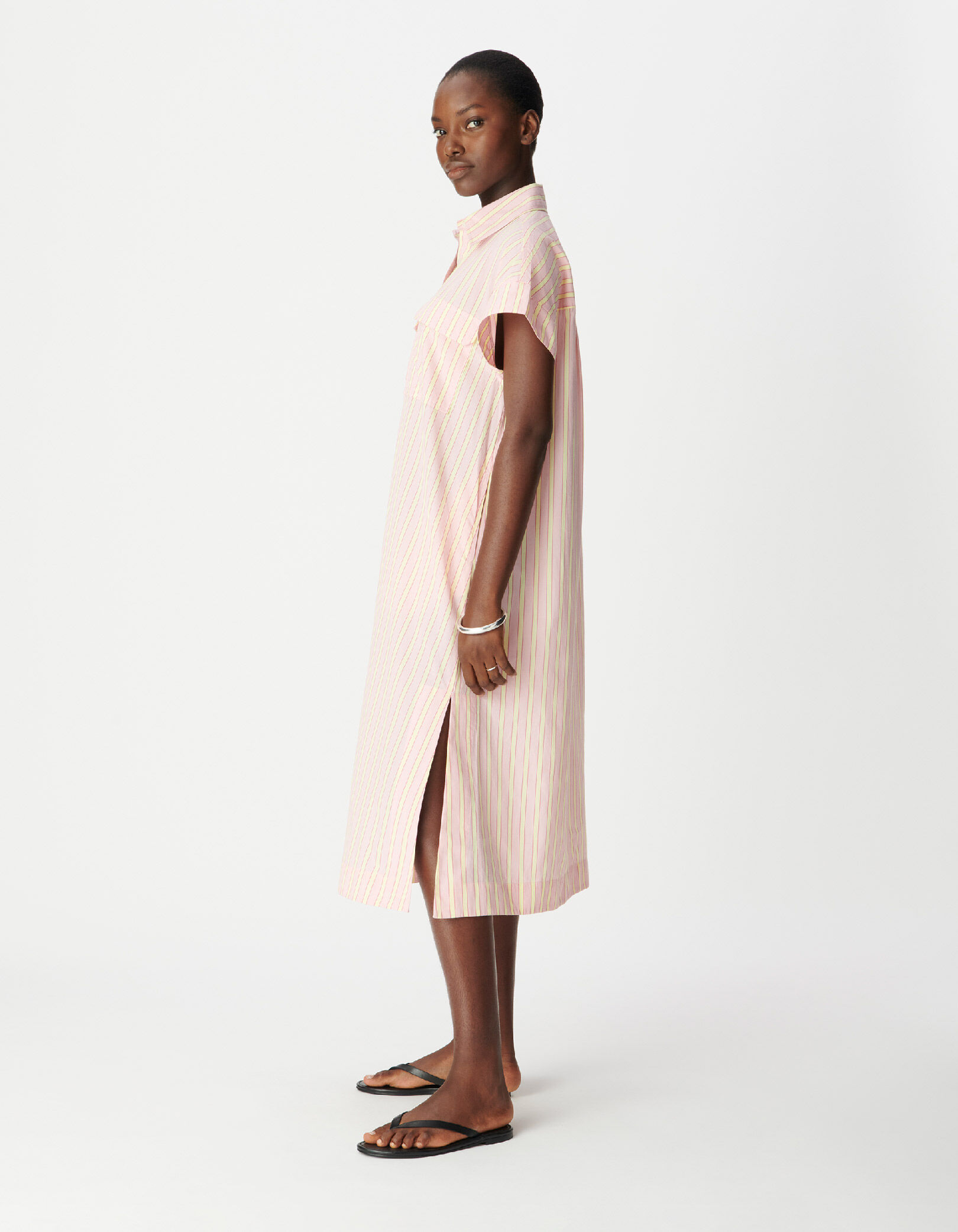 Robe chemise midi rose motif rayures Femme