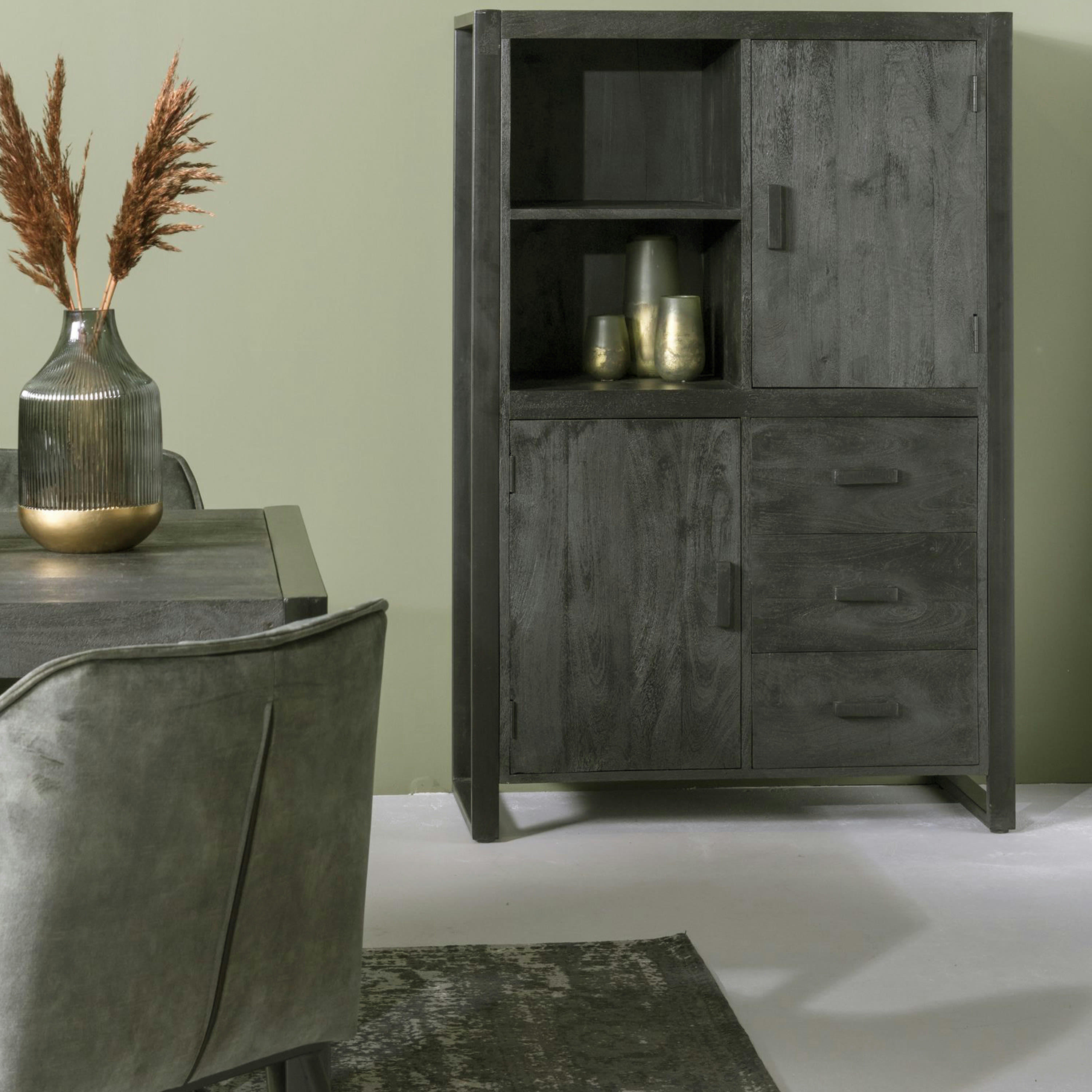 LUZ - LUZ-Buffet haut 2 portes 3 tiroirs en Manguier massif noir et métal