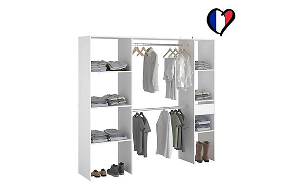 Dressing blanc 6 étagères, 1 tiroir, 2 penderies 198 x 40 x 180 cm - ELYSEE