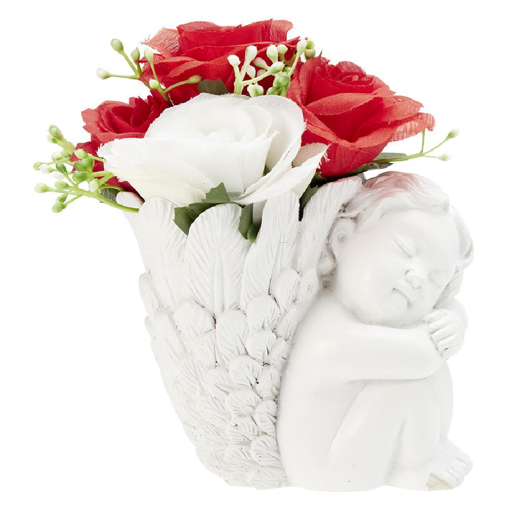 Panier ange en polyrésine   composition fleur artificielle H17 cm blanc