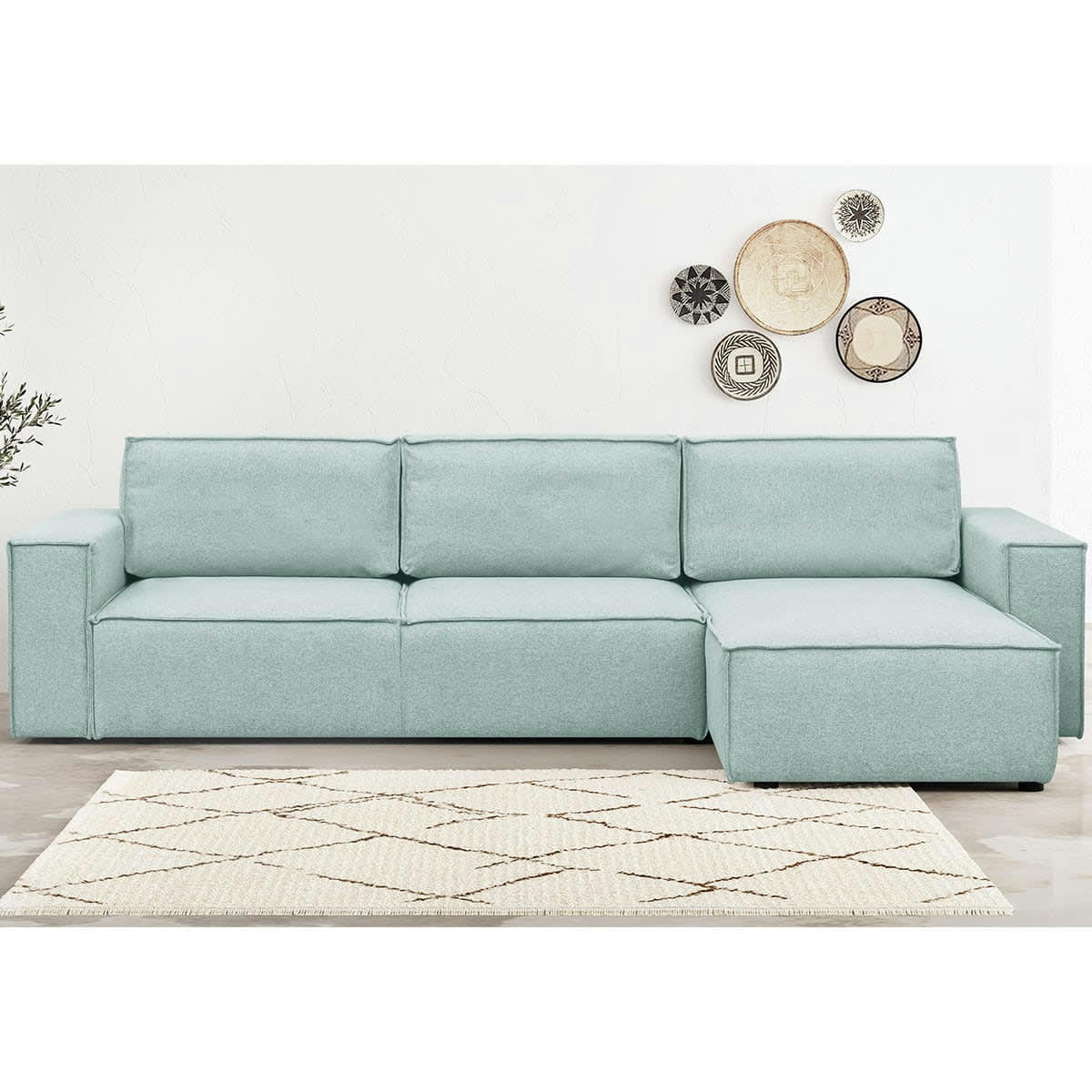 HARPER NEW - Canapé d'angle 5 places convertible + coffre, tissu bleu pastel