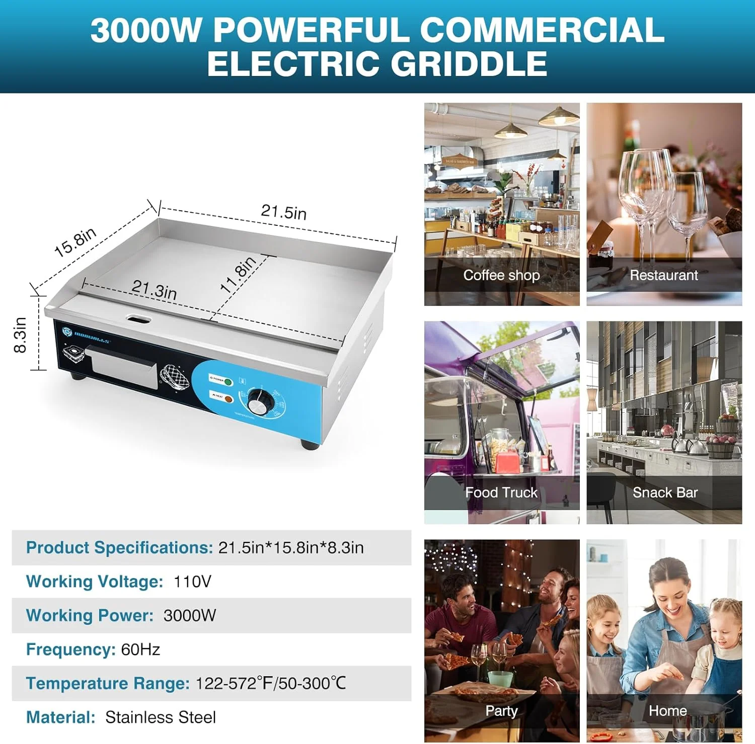 Commercial Griddle Electric 29, 4400W Electric Countertop Griddle Flat Top Grill, Nonstick Stainless Steel Teppanyaki Grill with Dual Temperature Control for Restaurant (Without Plug)(29 Inch/Blue Panel)
