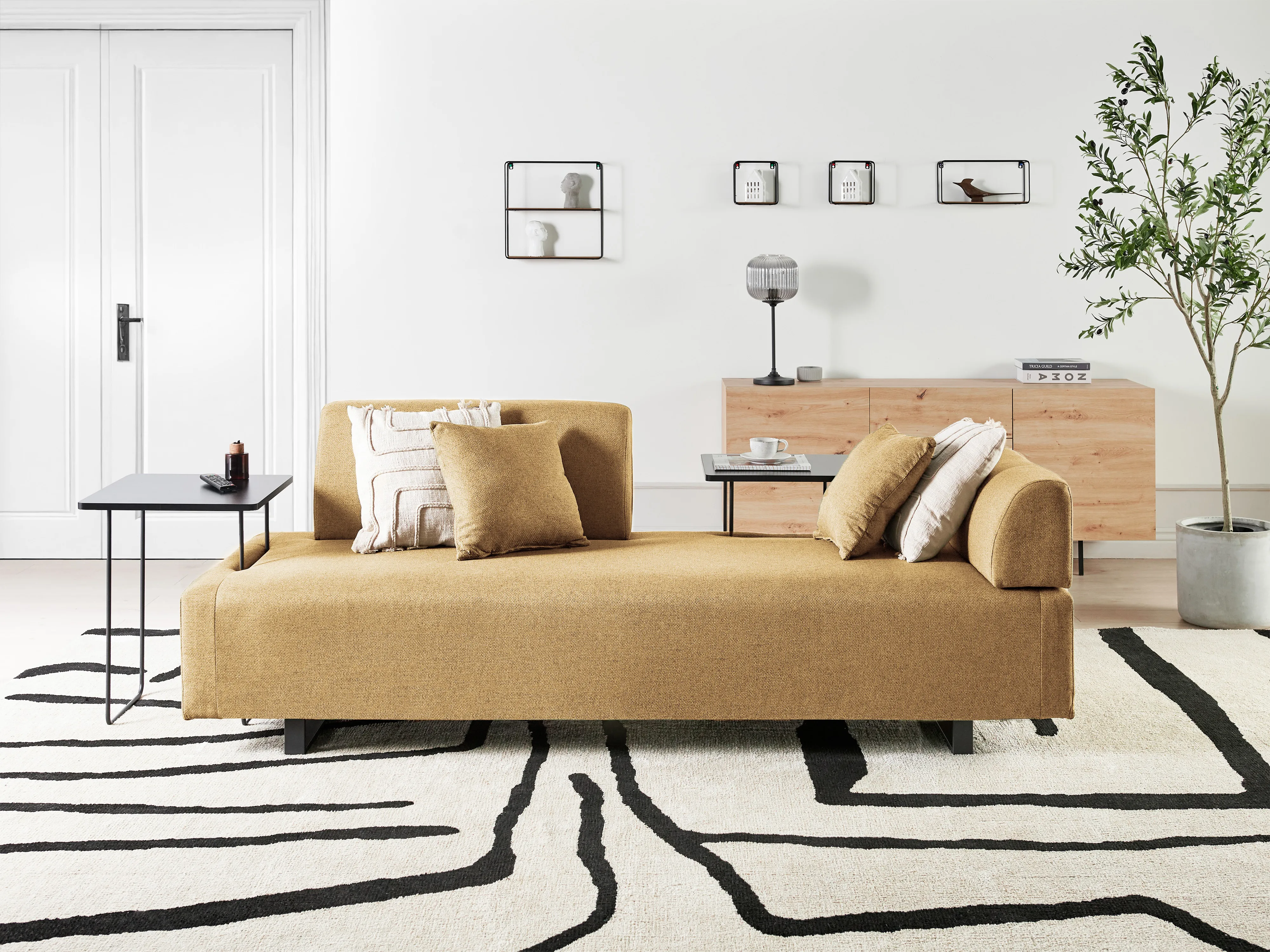 Sofa 3 Seater SOKNA Fabric Mustard with Tables