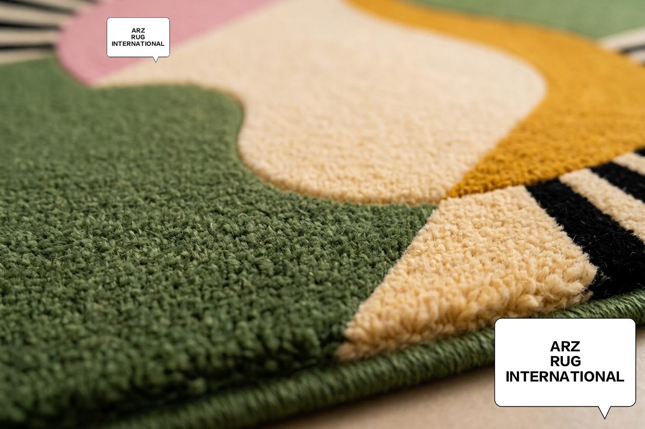 Modern Abstract Tufted Rug, Geometric Area Rug, Green Pink Cream Black Gold Decor