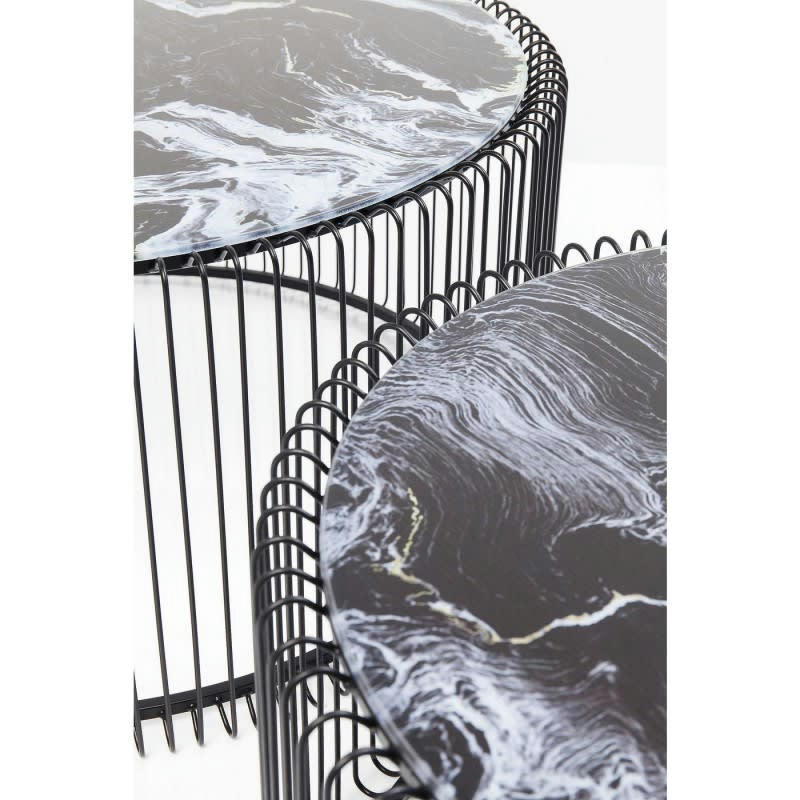 WIRE - 2 tables basses rondes en acier noir et verre effet marbre