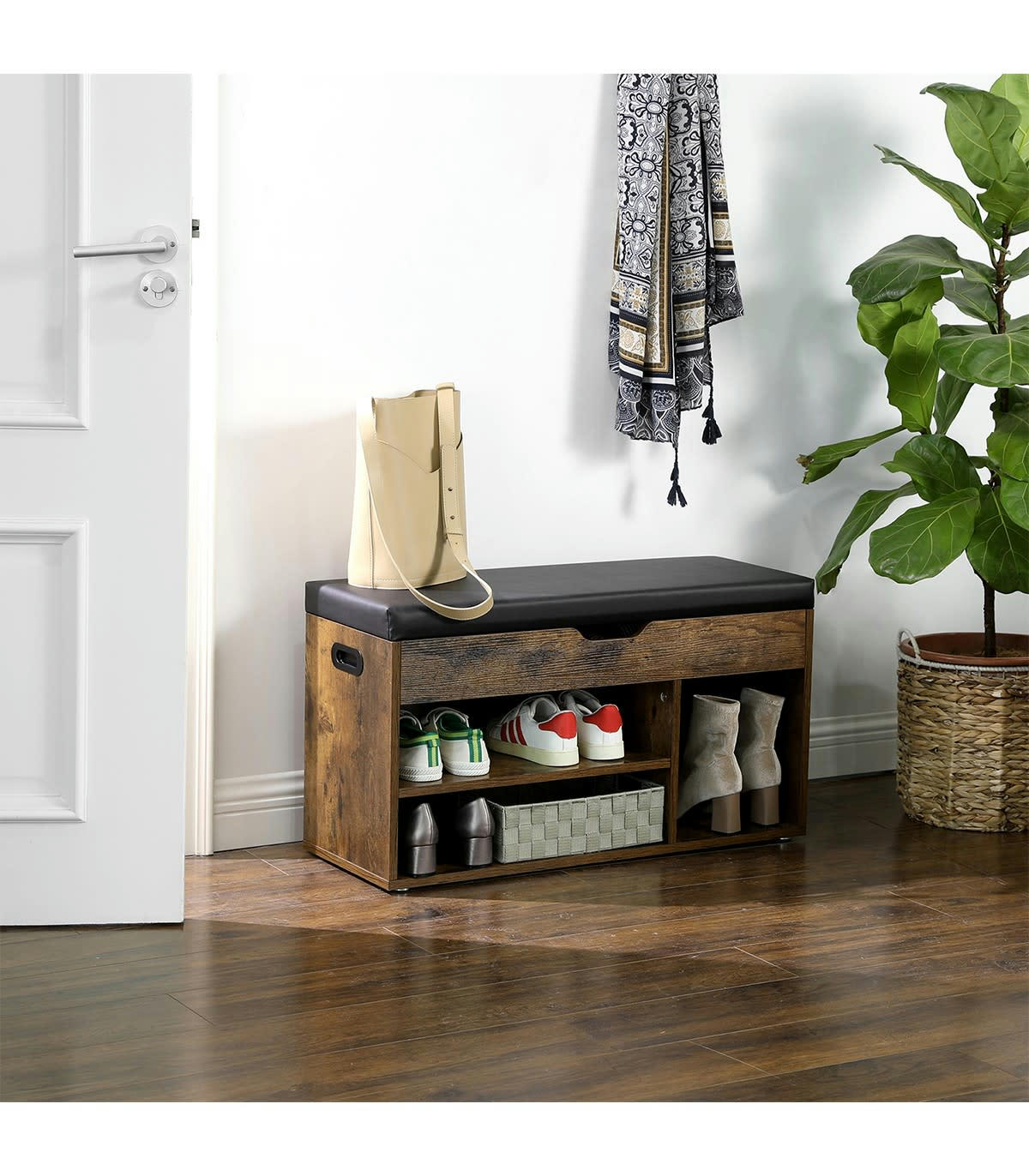 - Banc à Chaussures 3 compartiments et 1 Coffre - L80 cm - Marron