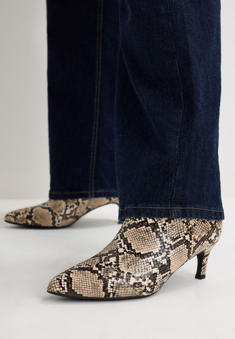 Womens Beige Snake Print Kitten Heel Boots