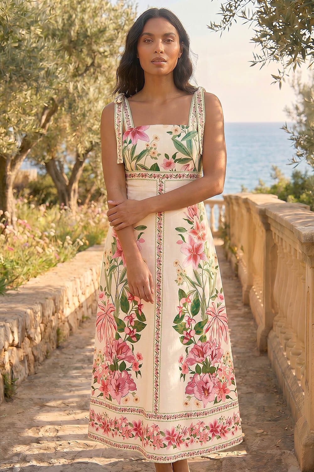 Roman Tropical Print Sequin Midi Dress