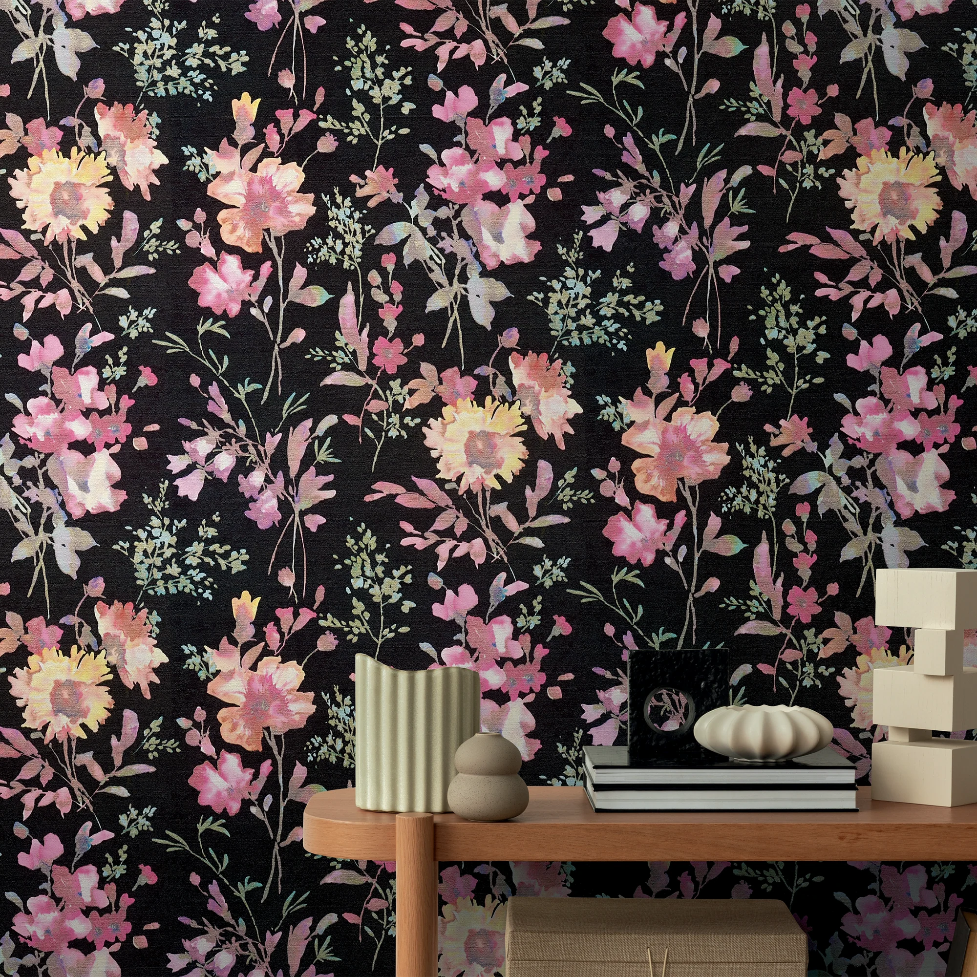 CosmoLiving Papier peint intissé PETAL POETRY noir et rose vif