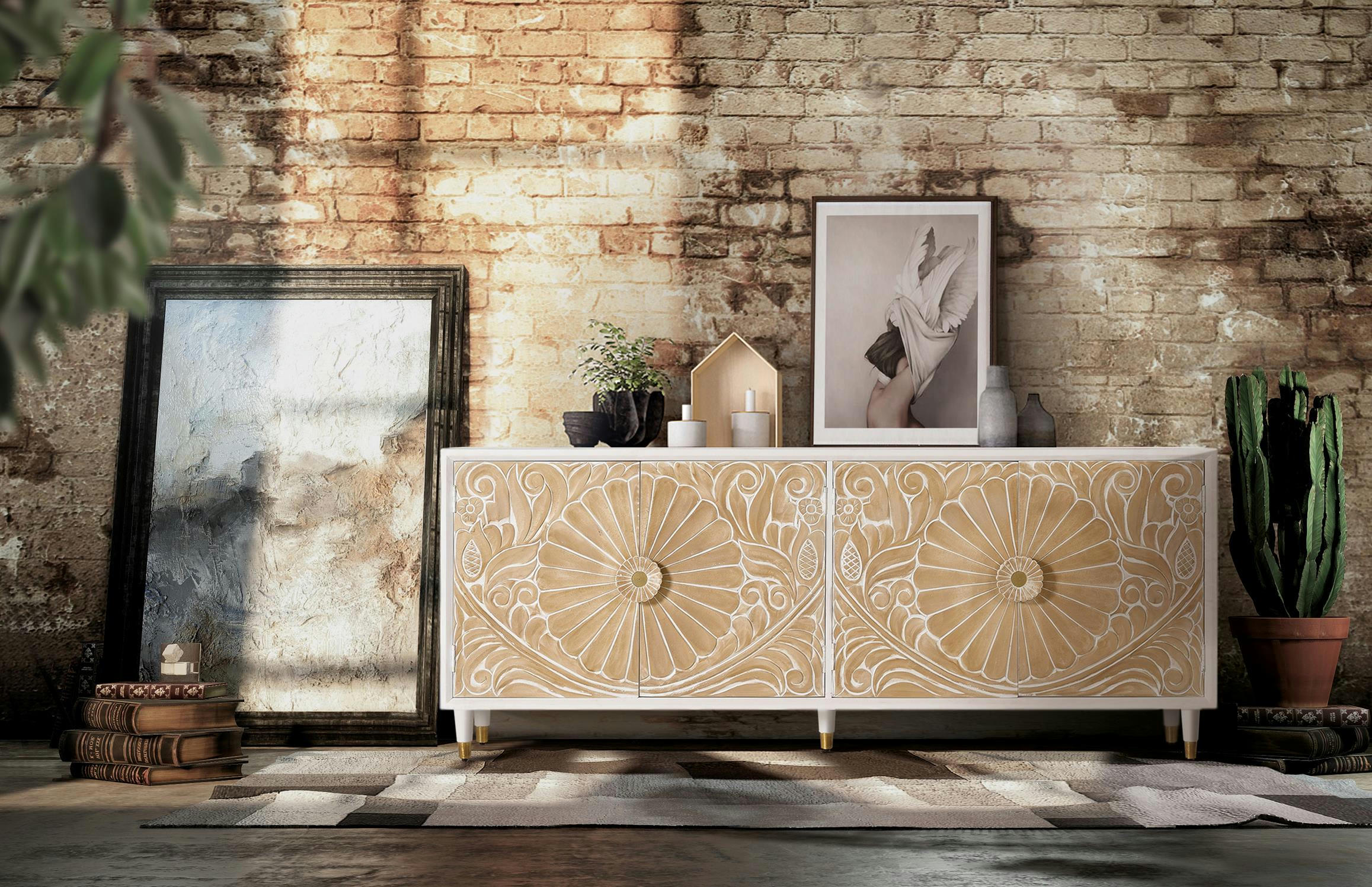 - Buffet en bois de manguier avec des détails en or blanc