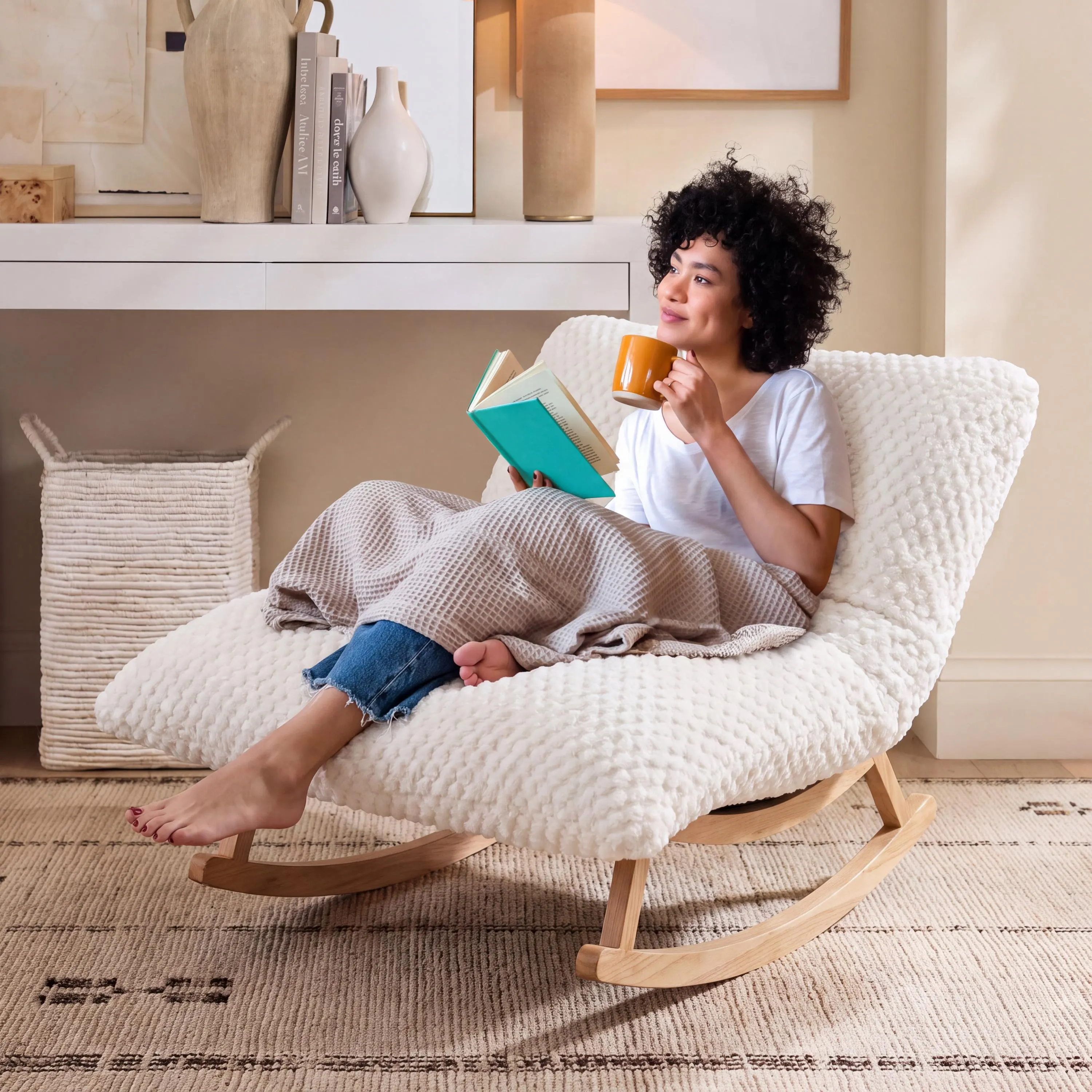 Plush Rocking Chair, Solid Rubberwood Frame, Armless Lounge Accent, Cozy Reading Chair