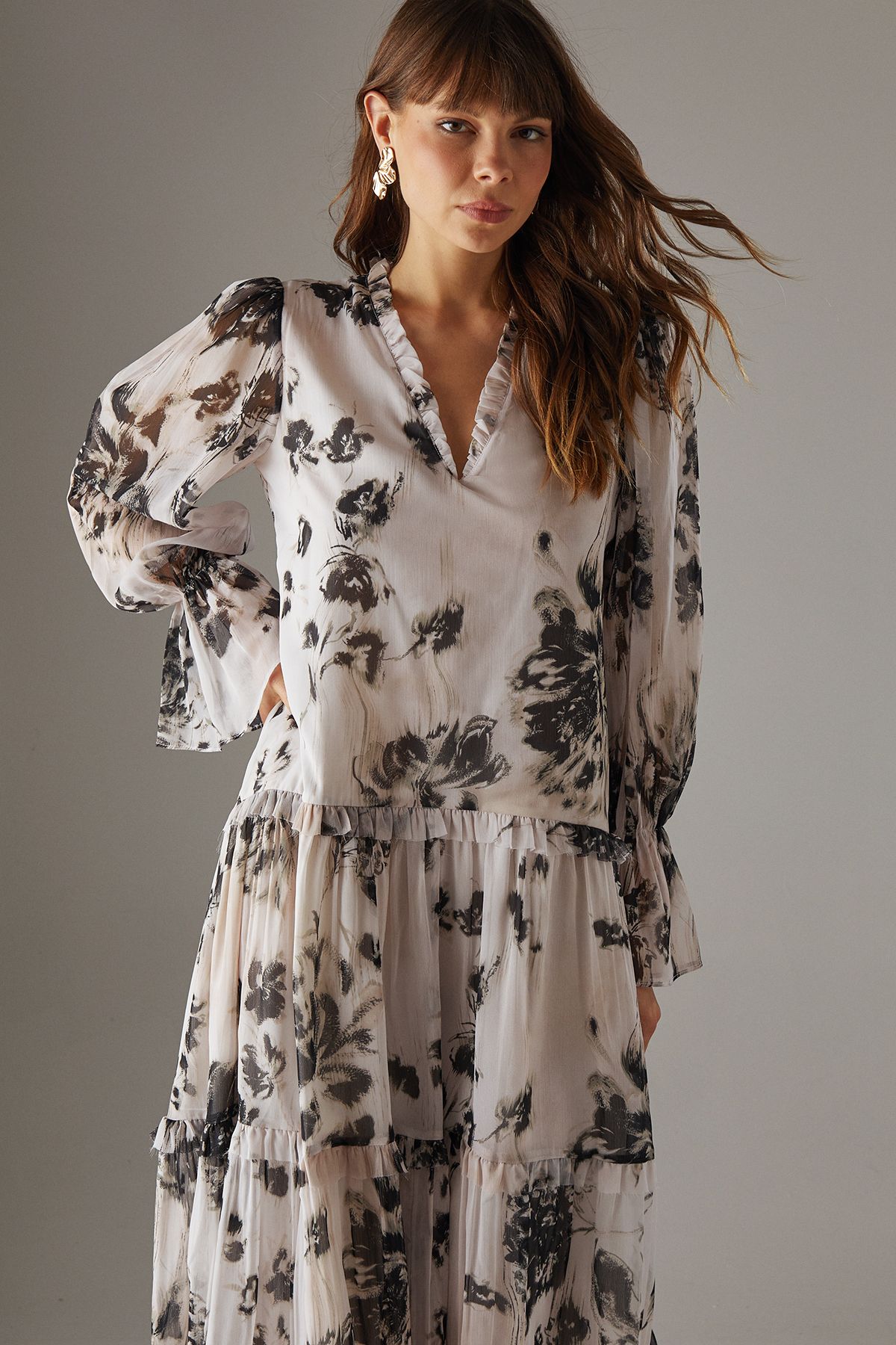 Warehouse Printed Premium Raw Edge Georgette Tiered Maxi Dress