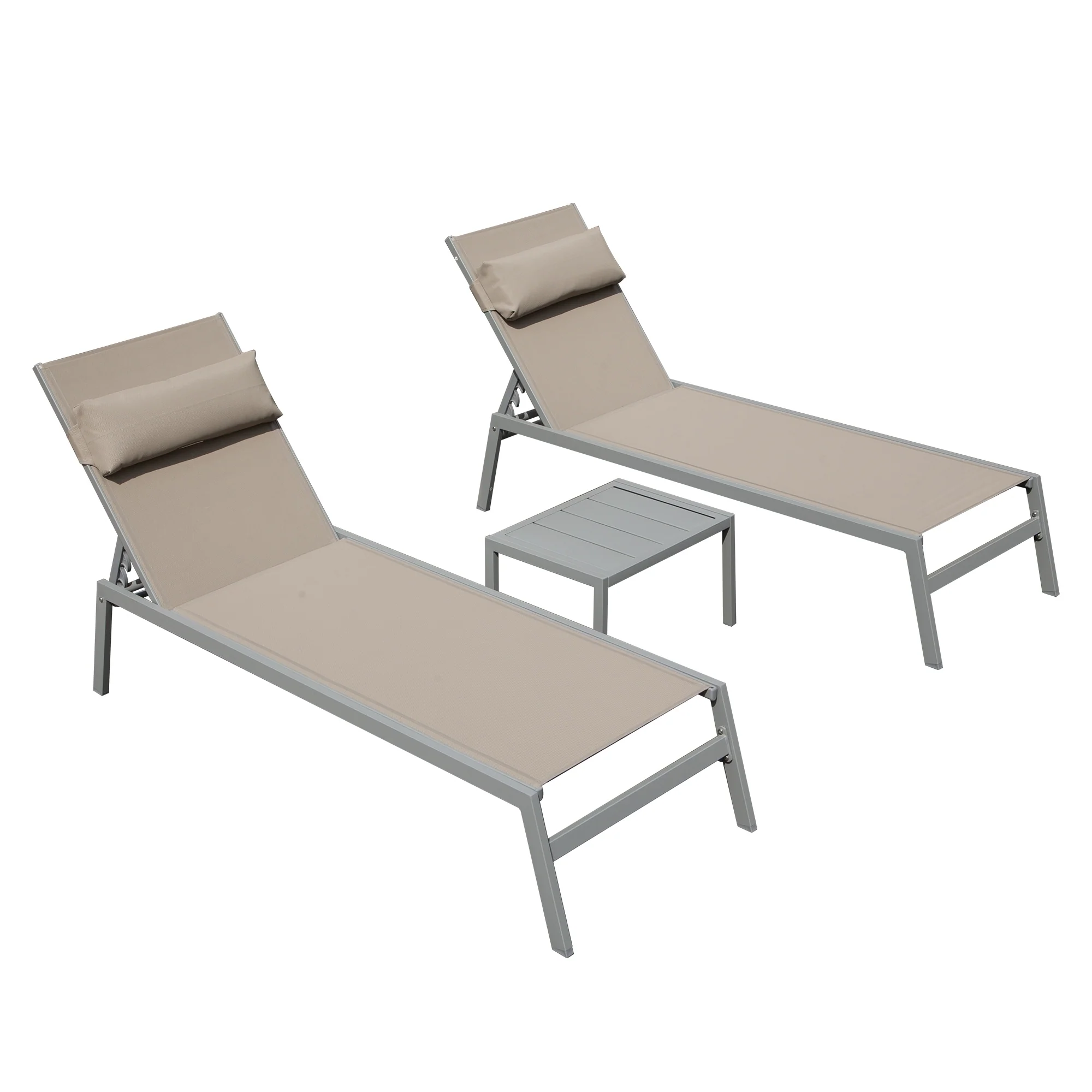 Modern 3-Piece Outdoor Chaise Lounge Set with Adjustable Headrests and Side Table for Poolside Beach Yard