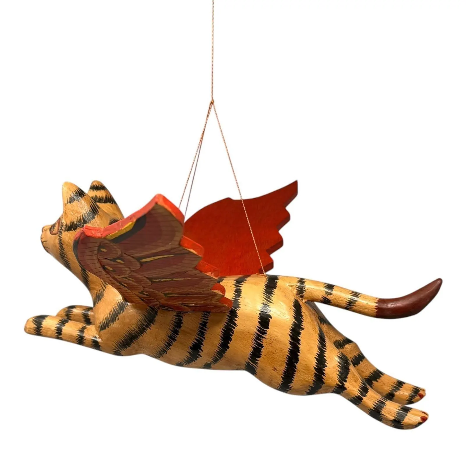 Handcrafted Flying Cat Wood Mobile Spirit Guardian Orange Tabby Striped Gift