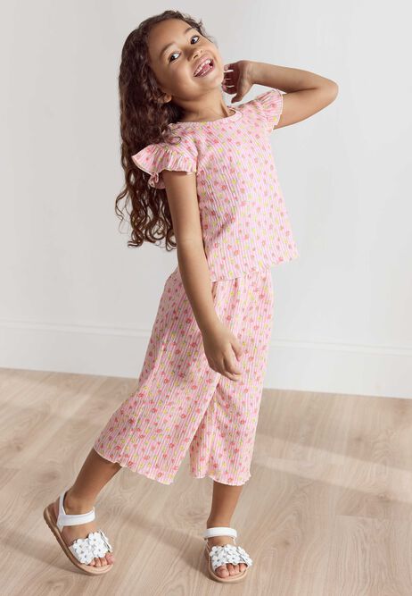 Younger Girls Pink Floral Print Top and Culottes Set