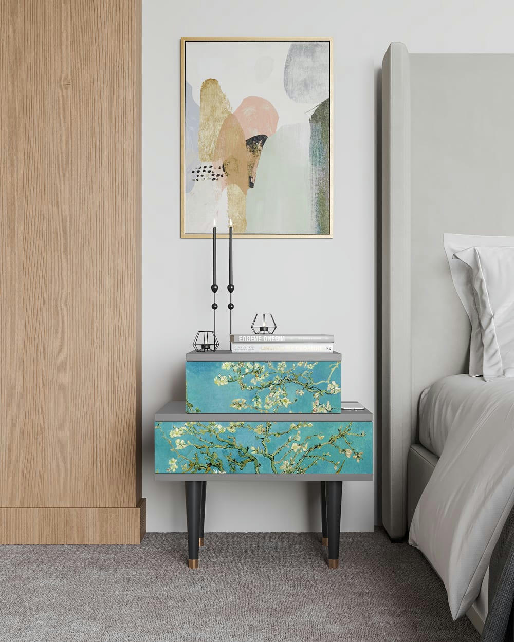 ALMOND BLOSSOM BY VAN GOGH - Table de chevet bleu 2 tiroirs L 58 cm