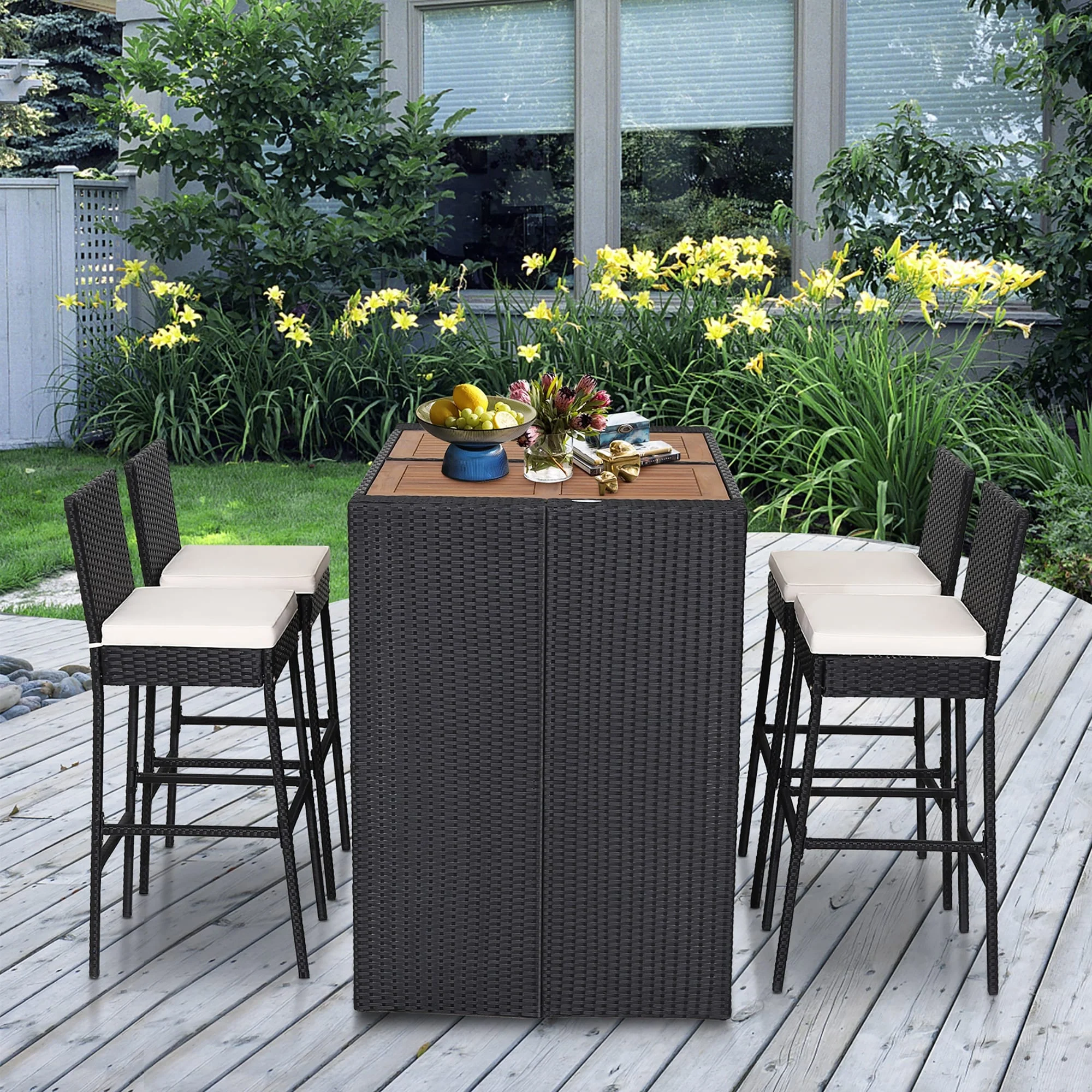 Costway 5-Piece Patio PE Wicker Bar Set Outdoor Acacia Wood Dining - See Details