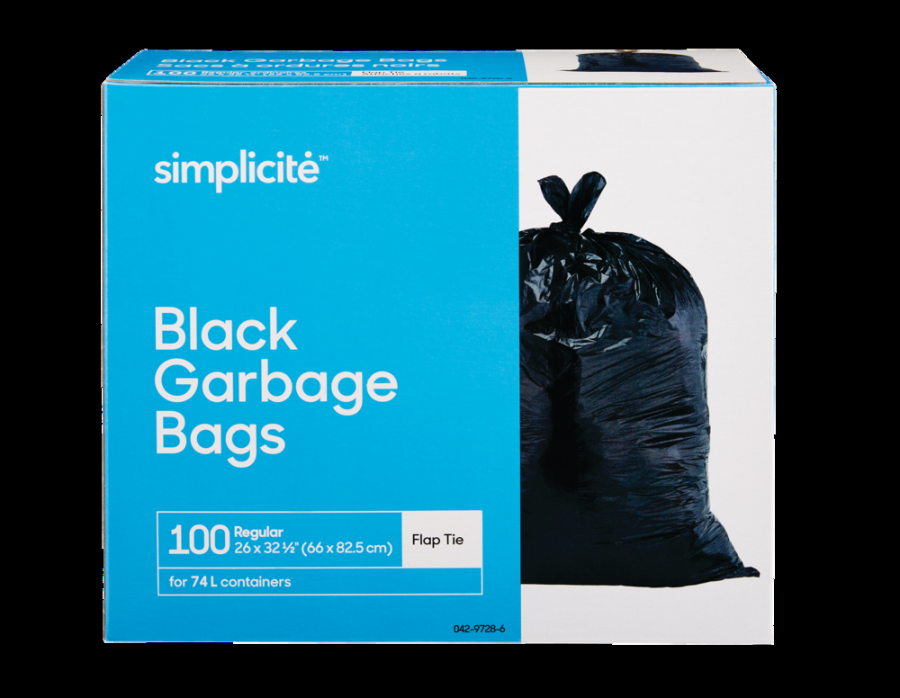 simplicité Regular 4-Flap Ties Outdoor Garbage Bags, 100-pk, Black, 74-L