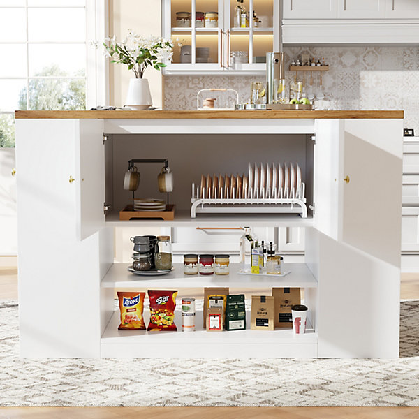 Îlot de Cuisine - Buffet de Cuisine avec Tiroirs et étagères, Plateau Pliable et Tablette Réglable, MDF Blanc 140x70x90 cm