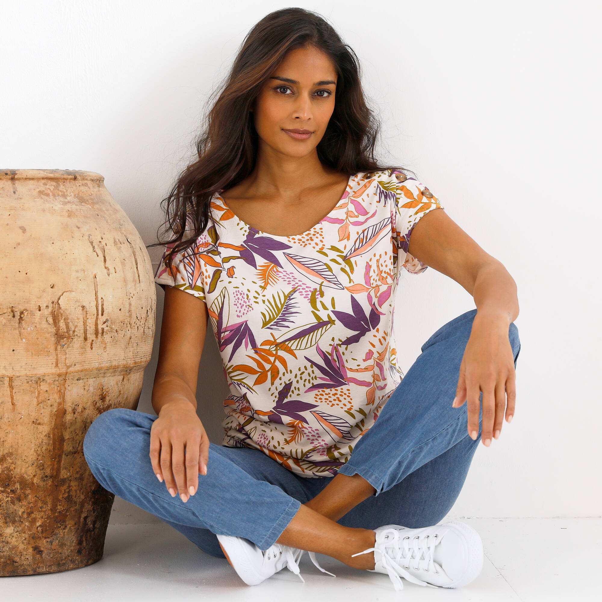 T-shirt col rond imprimé tropical
