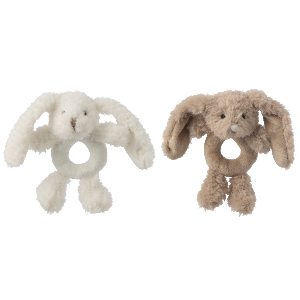 J-Line decoratie Konijn Ring - polyester - wit/bei ge - set van 2