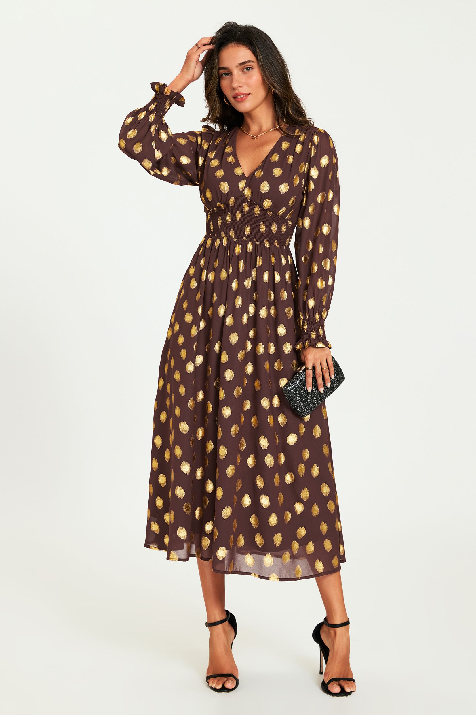 FS Collection Gold Foil Long Sleeve Midi Dress In Brown