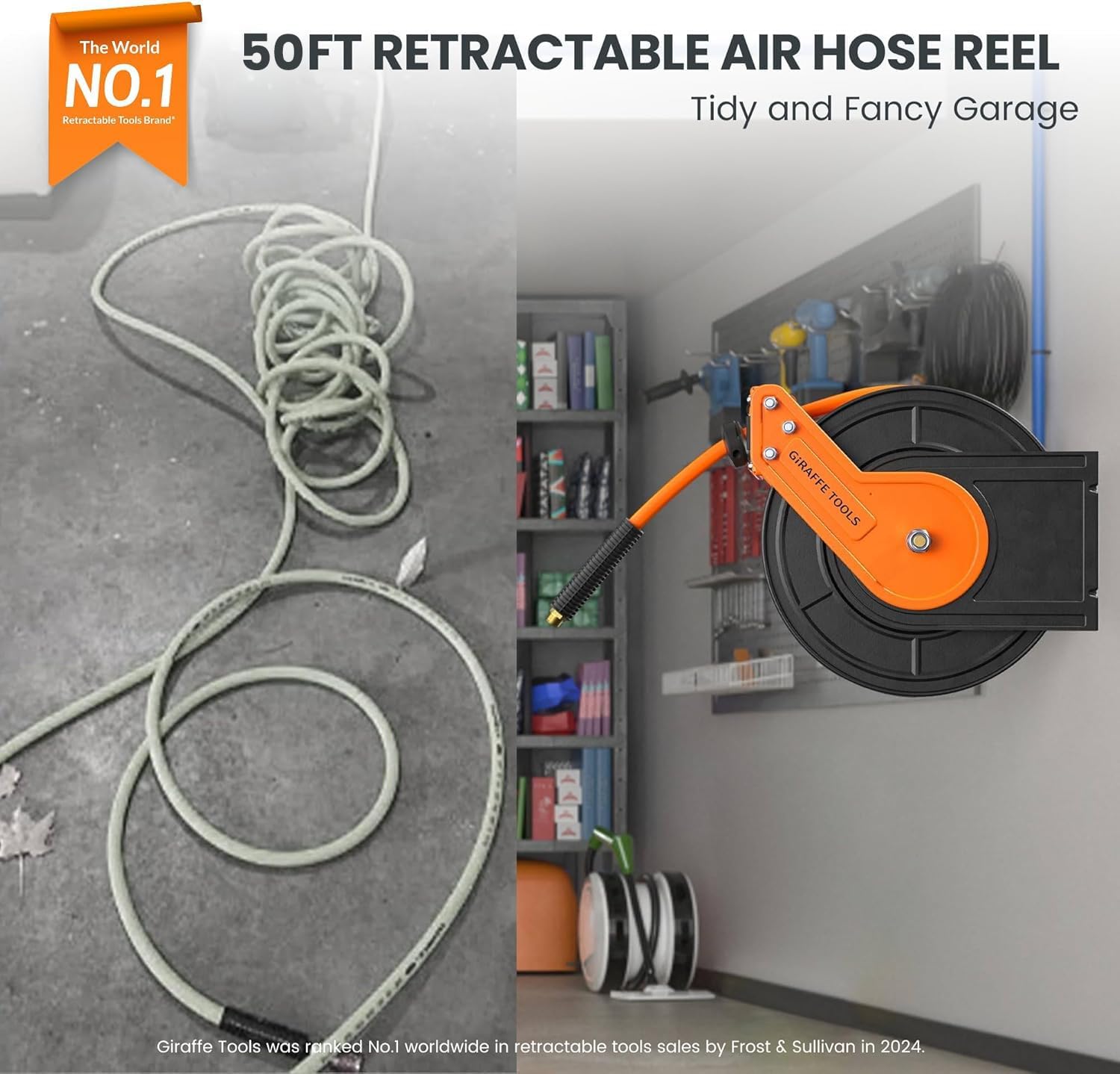 Giraffe Tools Retractable Air Hose Reel, 3/8 Hybrid Hose, Air Compressor Heavy Duty Steel Reel Auto Rewind 300PSI, Wall Mount, 50ft
