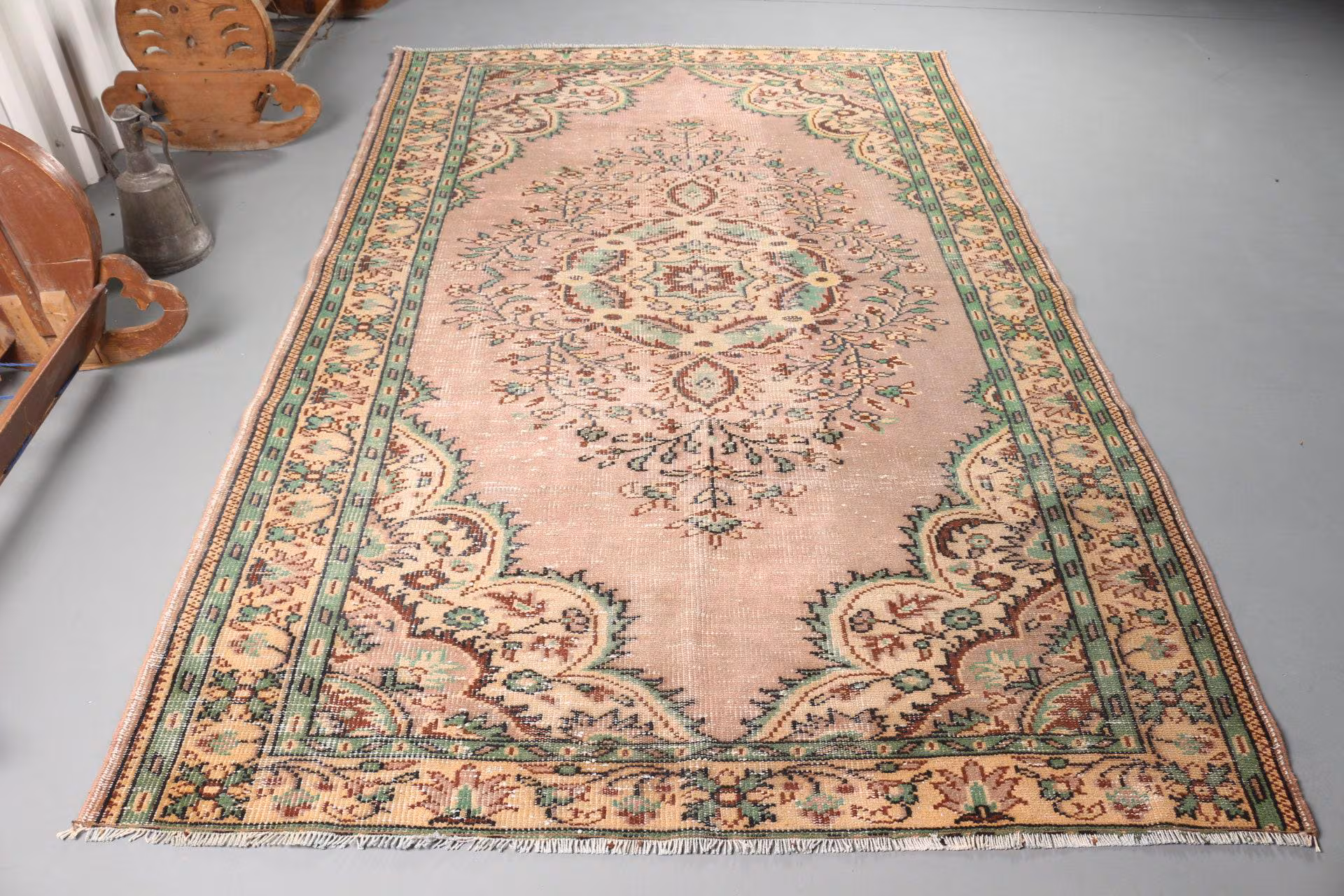 Turkish Rug, 5.5x8.5 ft Large Vintage Rug, Oushak Green Brown Abstract Rug