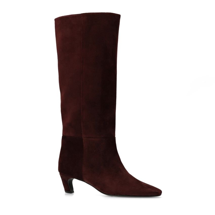 Manfield Bordeaux rode suède hoge laarzen met hak