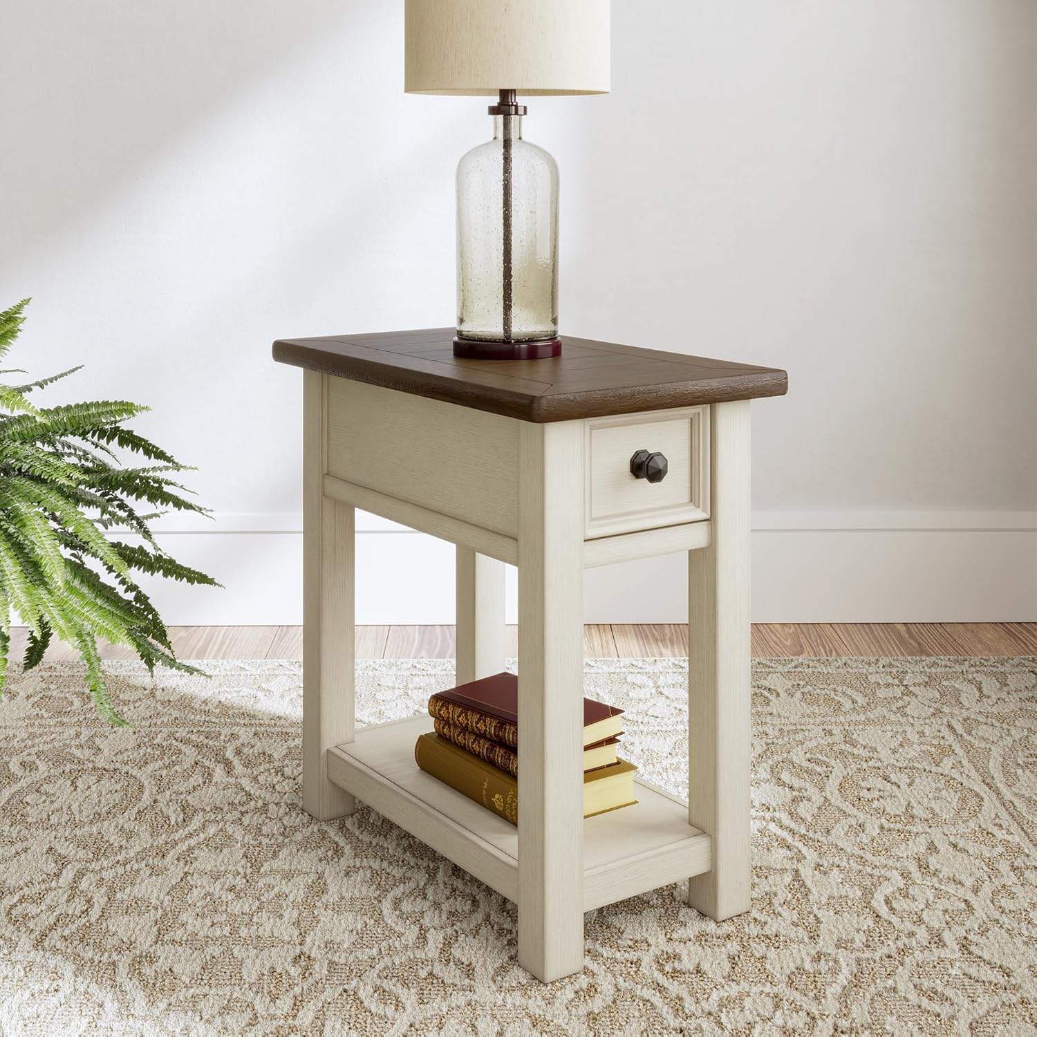 Signature Design by Ashley Bolanburg Chairside End Table With Charging Station, Two-Tone Wood Accent Table With Drawer Storage, Plank Top Design for Living Room or Bedroom, Antique White